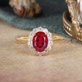 1.5 Carat Classic Halo 4 Prong Ruby Ring Oval Shaped Engagement Ring